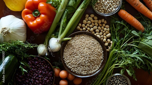 A tasty and nutritious plant-based meal with fresh vegetables and grains, artistically arranged for a visually appealing and healthy diet