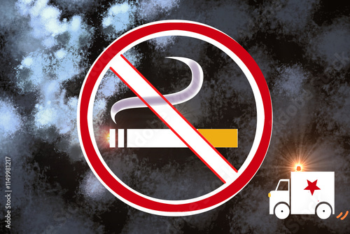 No smoking symbol with smoke around and ambulance

