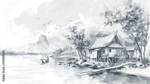 A black and white sketch of a lakeside village. photo