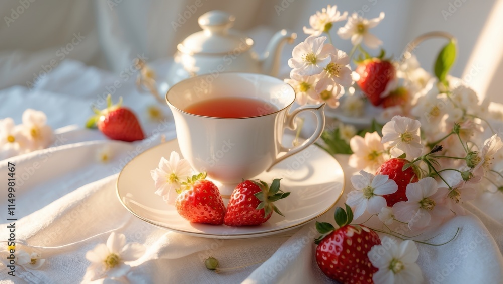 Morning Tea with Fresh Strawberries and Delicate Flowers in Sunlight Morning Tea with Fresh Strawberries and Delicate Flowers in Sunlight