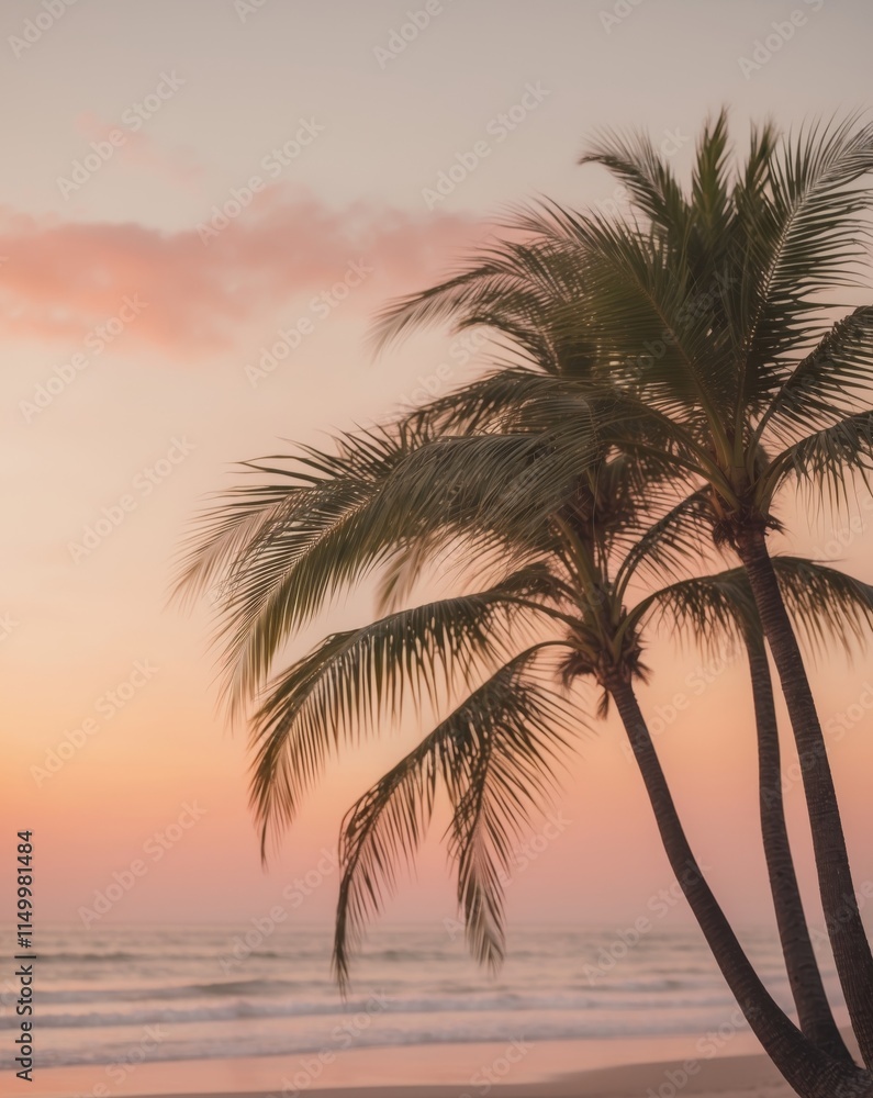 Fototapeta premium Palms swaying gently under a fiery sunset at the beach