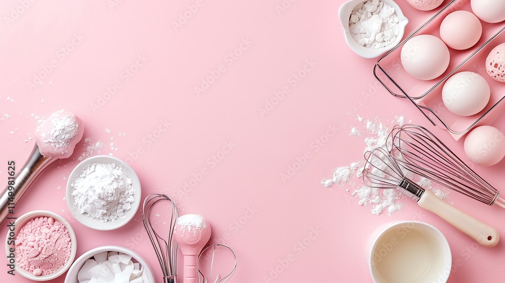 Baking supplies on a pink background. Baking supplies on a pink background.
