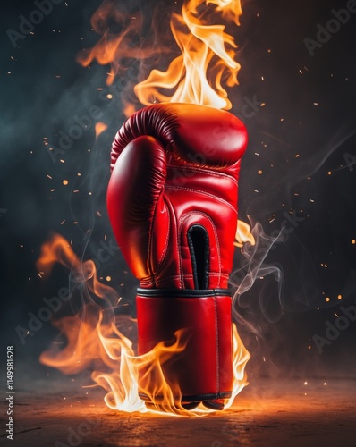 A Powerful Punch With A Fist Wearing A Red Boxing Glove Ignited With Fire photo