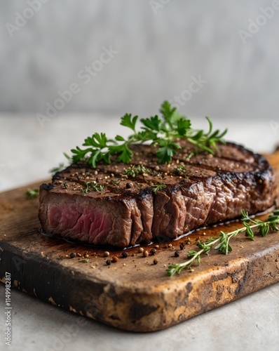 Grilled Strip Steak on Rustic Wooden Cutting Board with Herbs and Spices