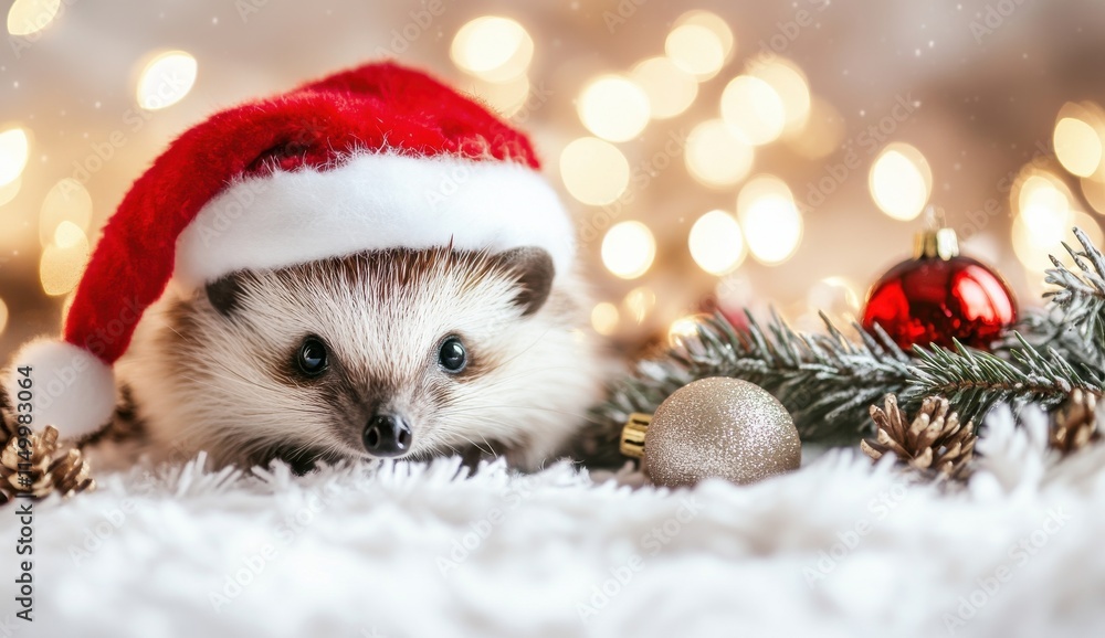Cute Hedgehog in Santa Hat Surrounded by Festive Decorations Cute Hedgehog in Santa Hat Surrounded by Festive Decorations
