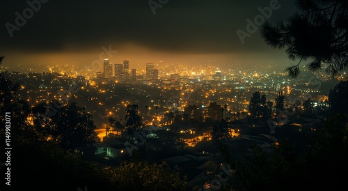 Night city lights blurred view from hilltop.