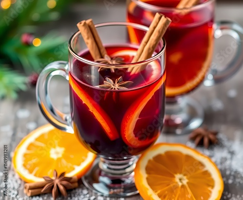 there are two glasses of mulled with orange slices and cinnamon. photo