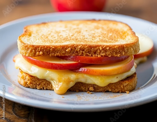 there is a sandwich with cheese and apples on a plate. photo