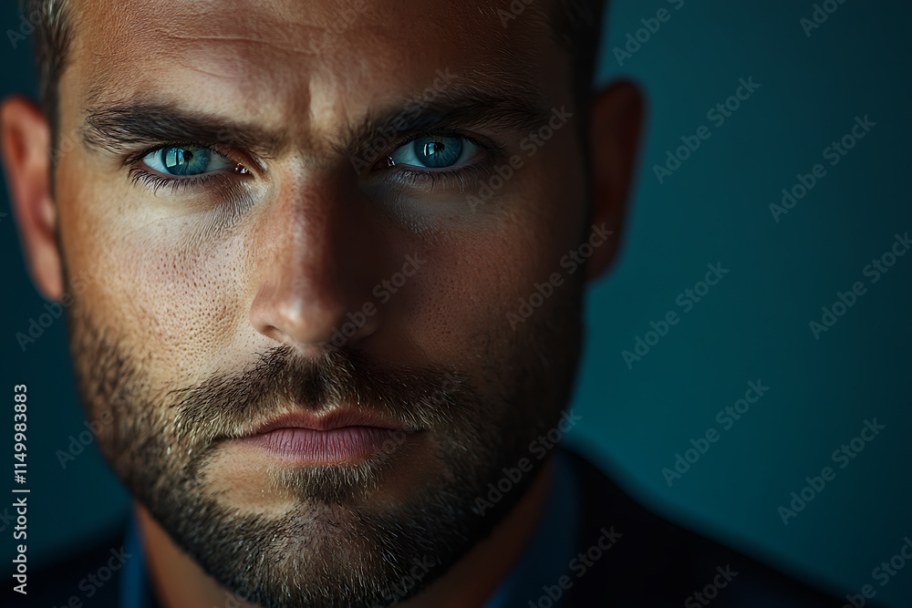 Obraz premium Intense Gaze: A Close-Up Portrait of a Man with Striking Blue Eyes and a Defined Jawline