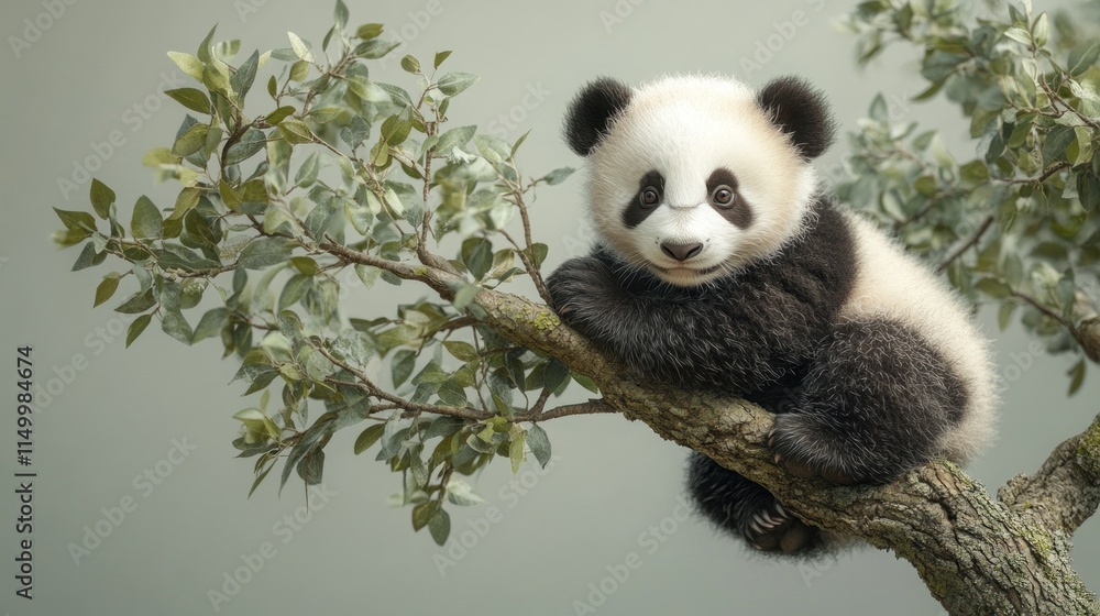 Obraz premium Adorable panda cub sitting on a tree branch, looking at the camera.