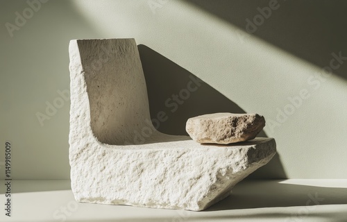 Minimalist stone sculpture with sunlight shadow. photo