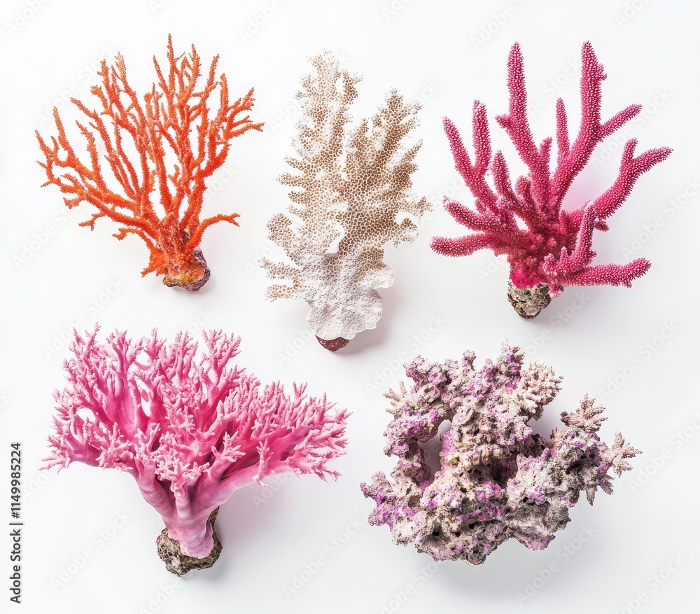 Naklejka premium Five colorful coral specimens on white background.