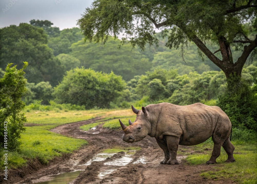 Obraz premium A rhinoceros standing in a muddy patch with a backdrop of lush greenery