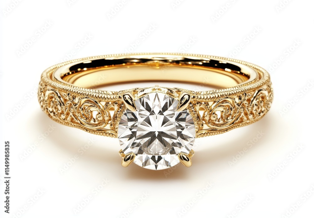 Elegant gold ring with a solitaire diamond and intricate filigree detailing. Elegant gold ring with a solitaire diamond and intricate filigree detailing.