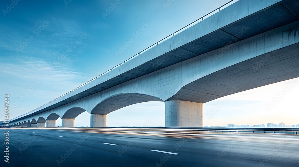 An elevated highway interchange is captured with curved light trails and smooth flowing traffic lines. The aerial perspective highlights modern infrastructure under a bright urban cityscape. An elevated highway interchange is captured with curved light trails and smooth flowing traffic lines. The aerial perspective highlights modern infrastructure under a bright urban cityscape.