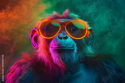 Neon Chimpanzee Portrait: A Vibrant, Stylish Primate in Sunglasses Against a Smoky Background photo