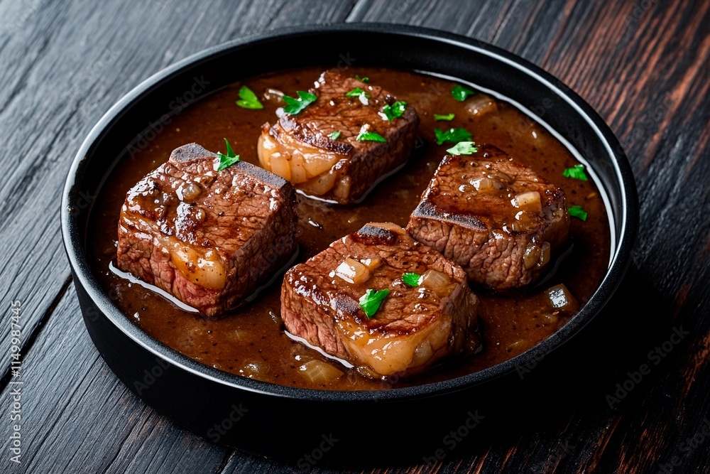Savory steak cubes simmering in a rich sauce on a rustic wooden table Savory steak cubes simmering in a rich sauce on a rustic wooden table