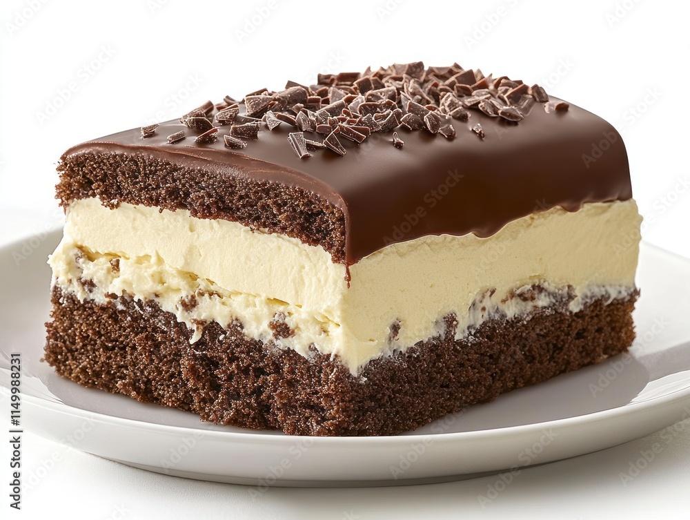 A slice of chocolate dessert with layers of cream and chocolate shavings on top. A slice of chocolate dessert with layers of cream and chocolate shavings on top.