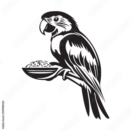 Parrot eating food in bowl Vector illustration isolated on white background.