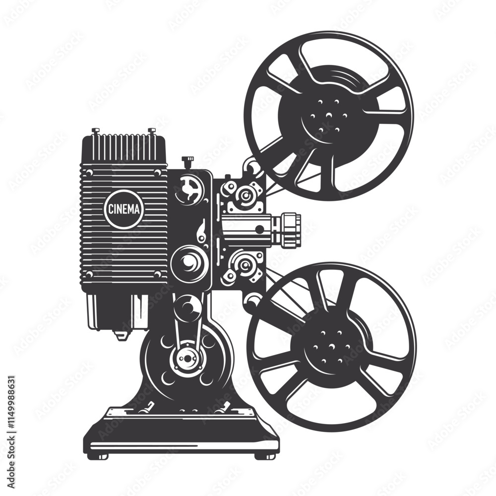 Fototapeta premium Vintage film projector camera isolated on the white background, side view. Black and white hand drawn vector illustration
