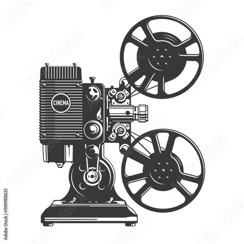 Vintage film projector camera isolated on the white background, side view. Black and white hand drawn vector illustration