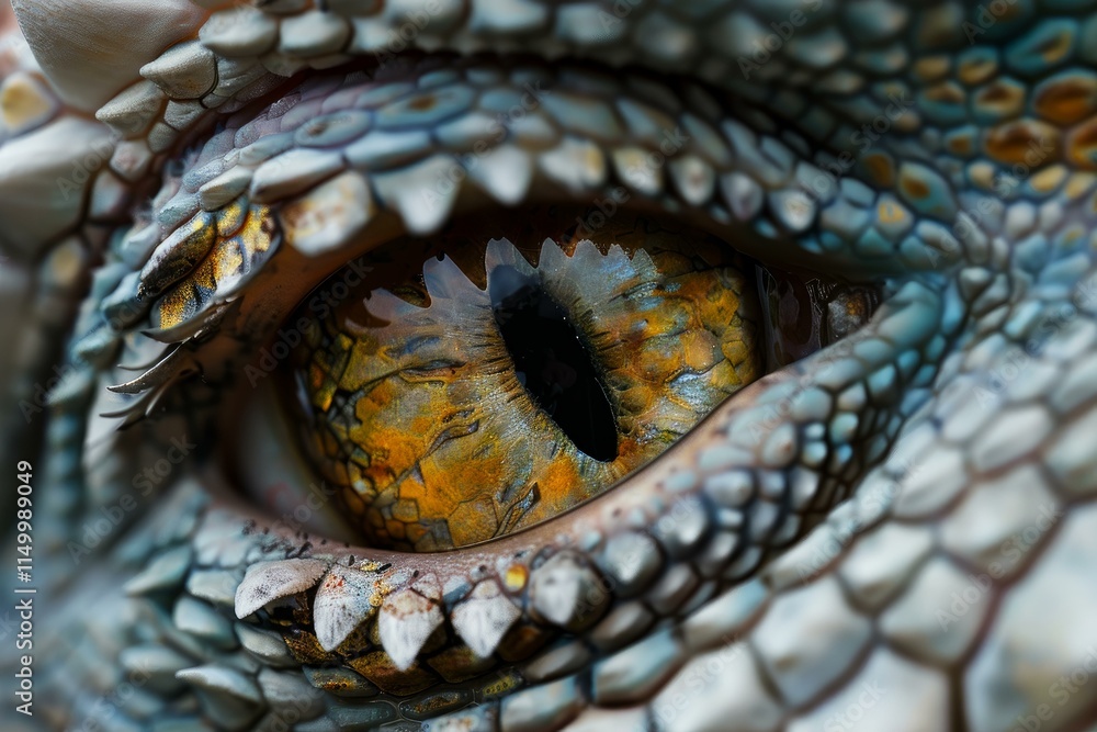 Naklejka premium Extreme close up of a dragon eye, showing golden iris, black pupil, and surrounding scaly skin