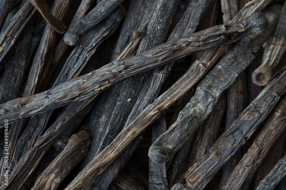 Numerous dried vanilla pods create an intricate and aromatic backdrop Numerous dried vanilla pods create an intricate and aromatic backdrop