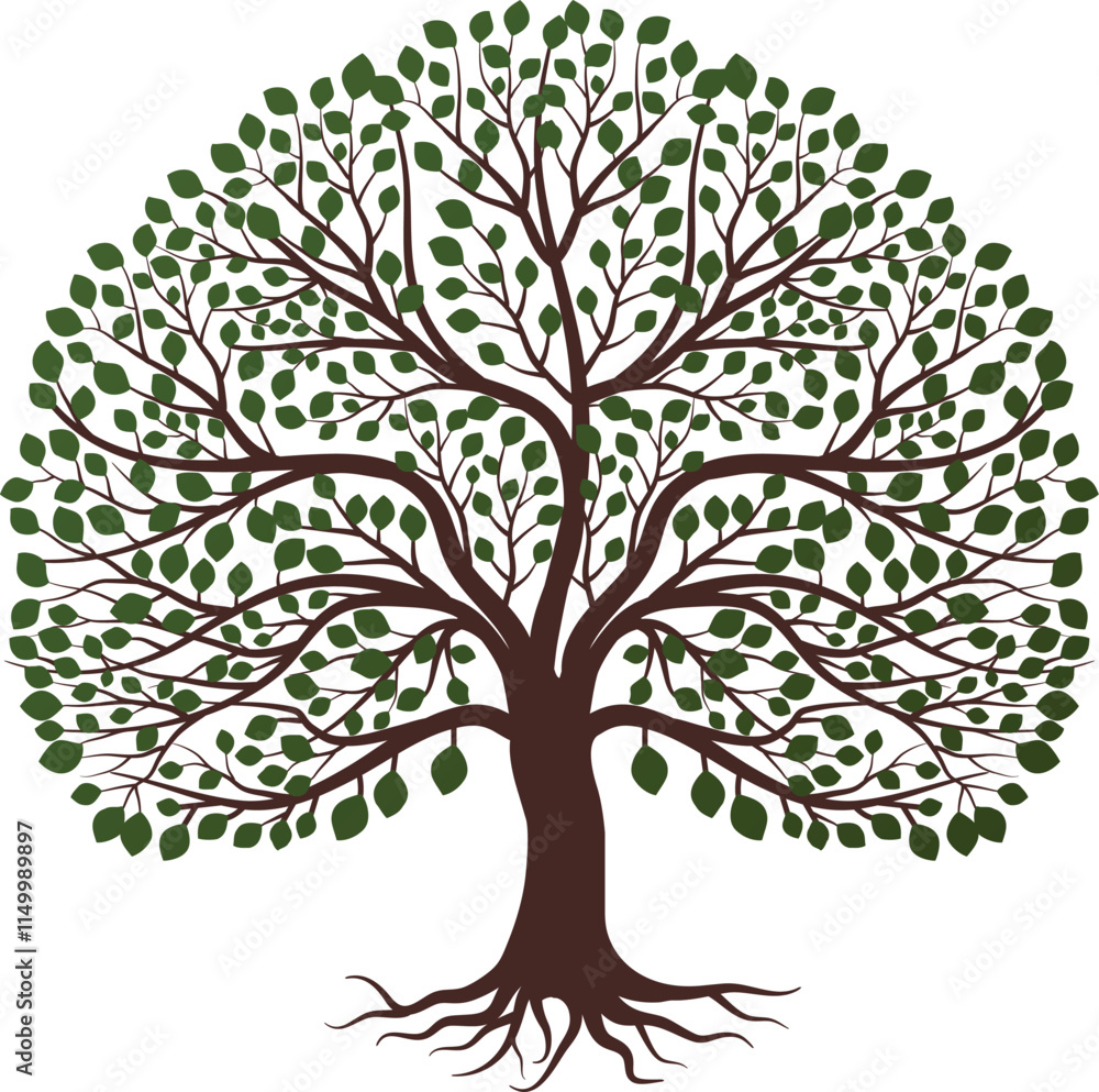 Oak Tree Vector with Roots and Green Leaves, Oak Tree Logo Oak Tree Vector with Roots and Green Leaves, Oak Tree Logo