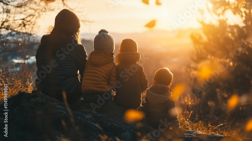 Title: Mother and children hiking in scenic mountains, sitting on a tree trunk, enjoying breathtaking sunset views on a cold winter or autumn evening, family bonding in nature photo