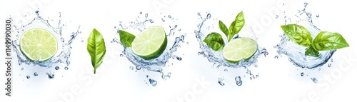 Lime wedges and basil leaves splashing in water.
