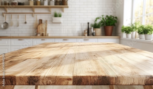 Sunny kitchen table, wooden surface, blurred background.