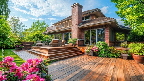 Luxurious Brick Home with Spacious Wooden Deck and Landscaping photo