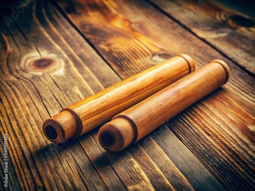 Vintage Style Photo of Latin Wooden Claves on Rustic Wood Background photo