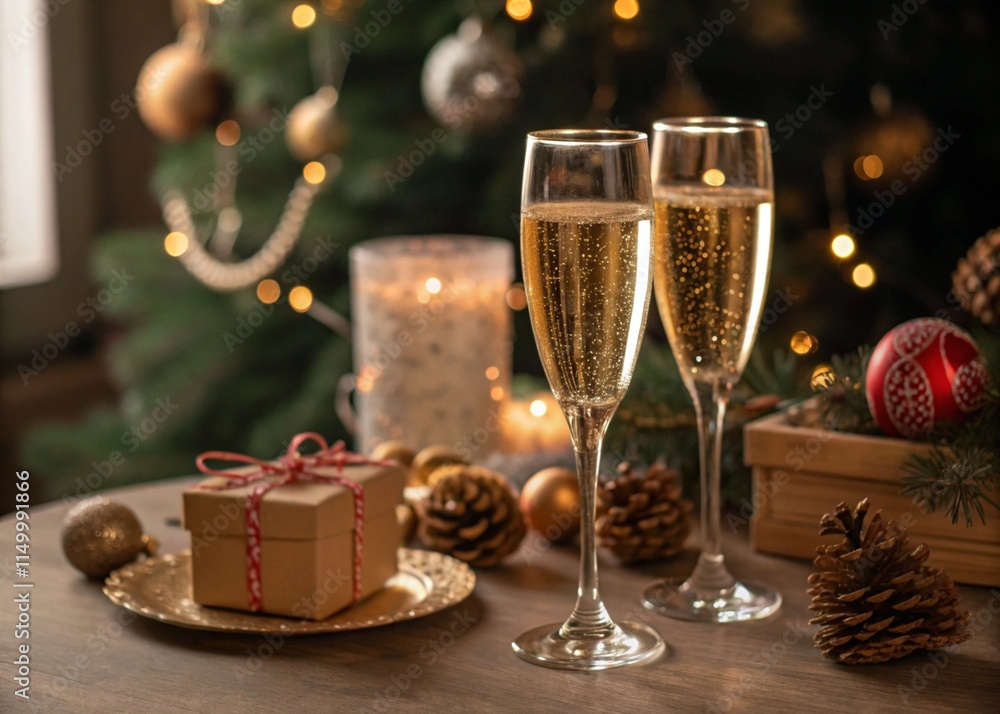 Celebrating Christmas and New Year with champagne. New Year's holiday decorated table. Two glasses of champagne, vintage tinted Celebrating Christmas and New Year with champagne. New Year's holiday decorated table. Two glasses of champagne, vintage tinted