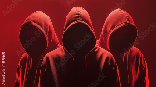 Three hackers without face. Concept of red hat, hacker group, organization or association. photo