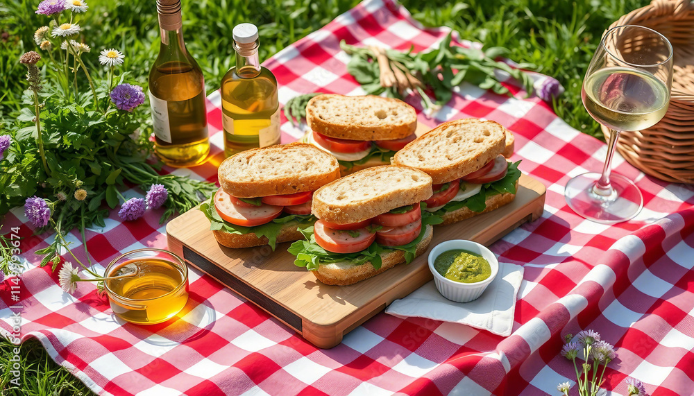 Homemade sandwiches with fresh vegetables on a picnic table adorned with herbs and wine.
Homemade sandwiches with fresh vegetables on a picnic table adorned with herbs and wine.