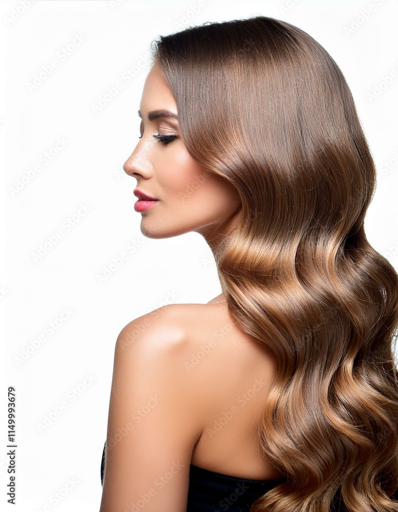 Fototapeta premium Generated image Beautiful woman in profile with long and shiny wavy hair . Beauty model girl with curly hair.