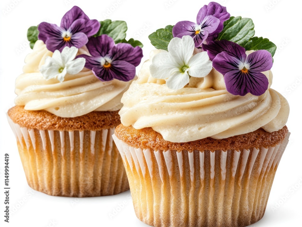 Two decorated cupcakes topped with cream and edible flowers. Two decorated cupcakes topped with cream and edible flowers.