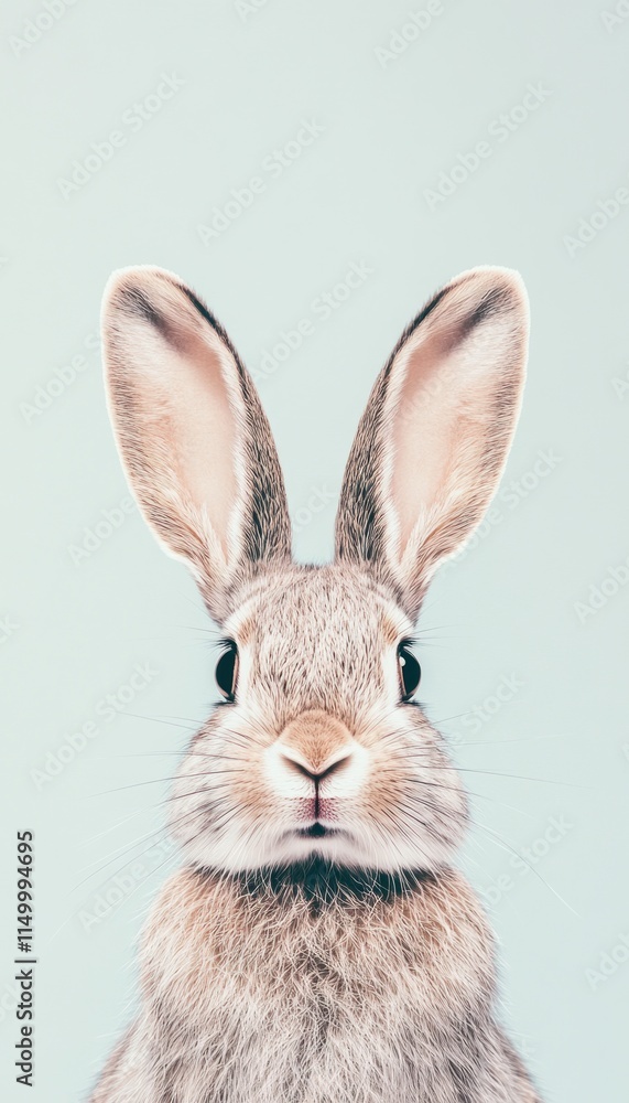 Fototapeta premium A close-up of a rabbit's face with large ears against a light blue background.