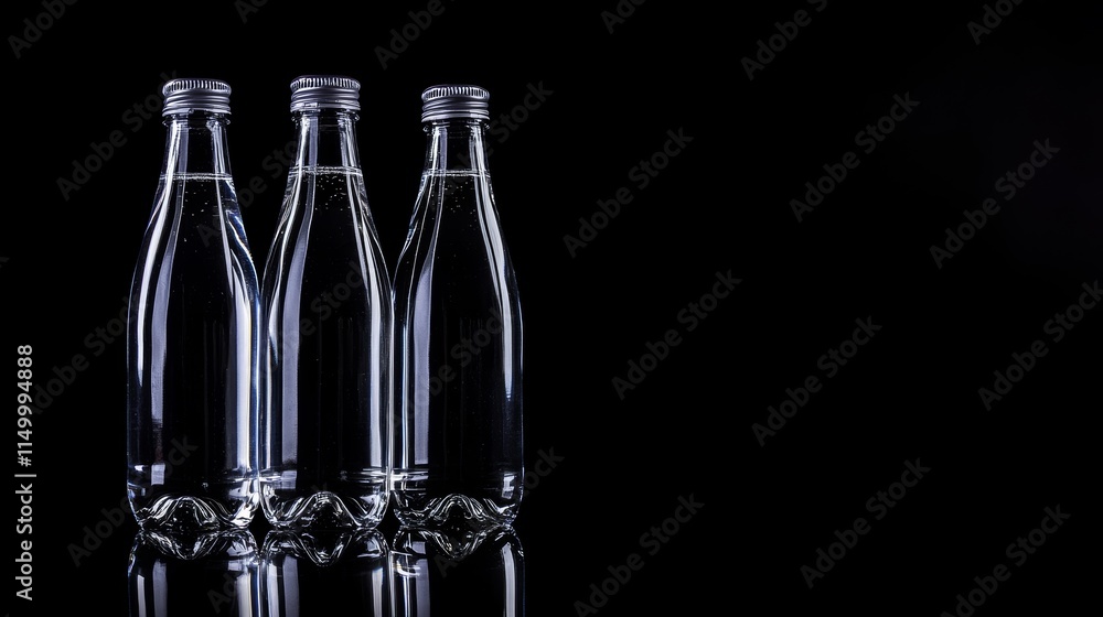 Three Glass Bottles with Water Against Black Background Three Glass Bottles with Water Against Black Background