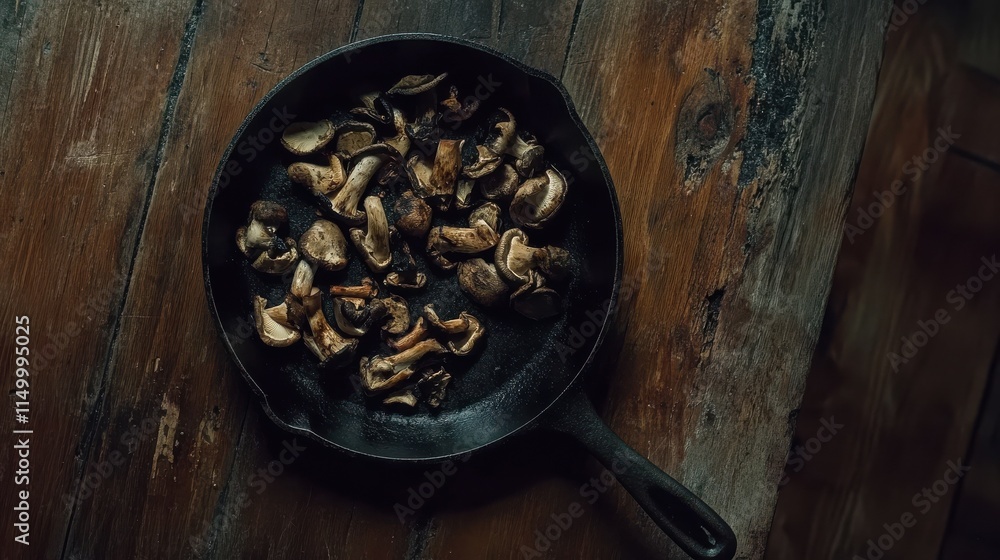 Fried royal champignons in an old cast-iron skillet. Trendy hard light, dark shadow. Vintage wooden table, rustic food style concept, copy space Fried royal champignons in an old cast-iron skillet. Trendy hard light, dark shadow. Vintage wooden table, rustic food style concept, copy space