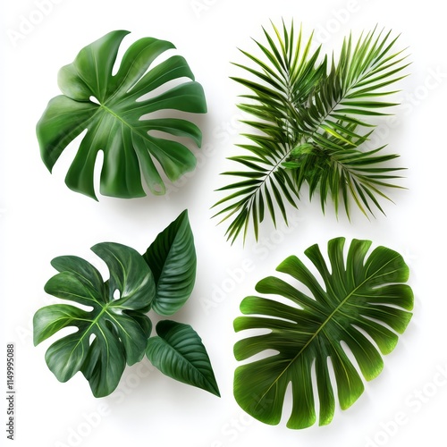 Tropical leaves collection monstera, palm, and exotic foliage.