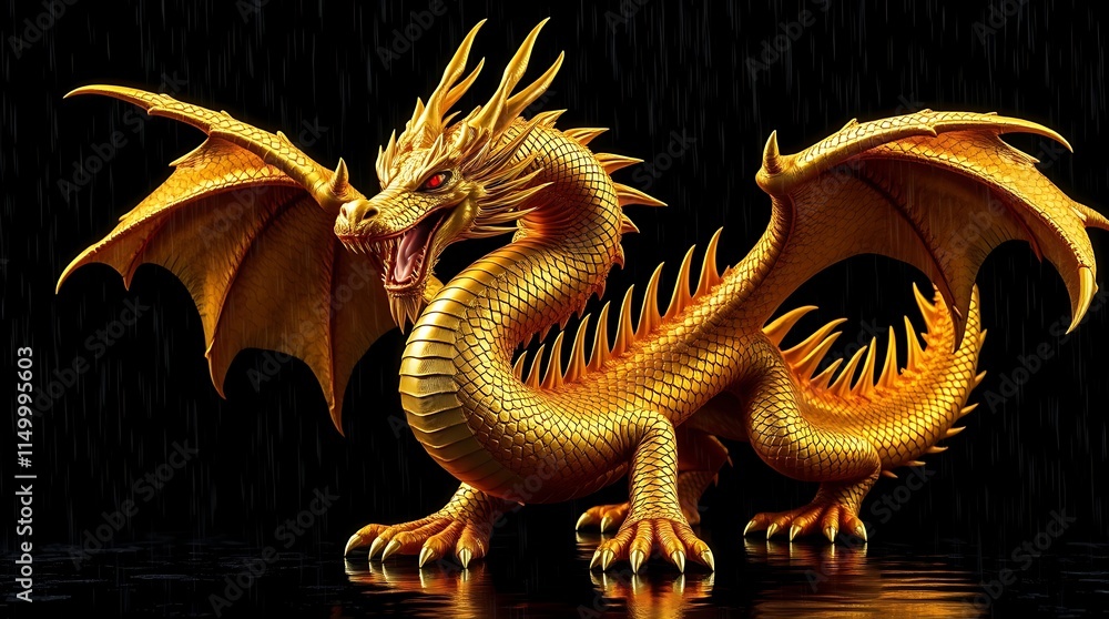 Majestic Golden Dragon in the Rain A 3D Render of a Mythical Creature Majestic Golden Dragon in the Rain A 3D Render of a Mythical Creature