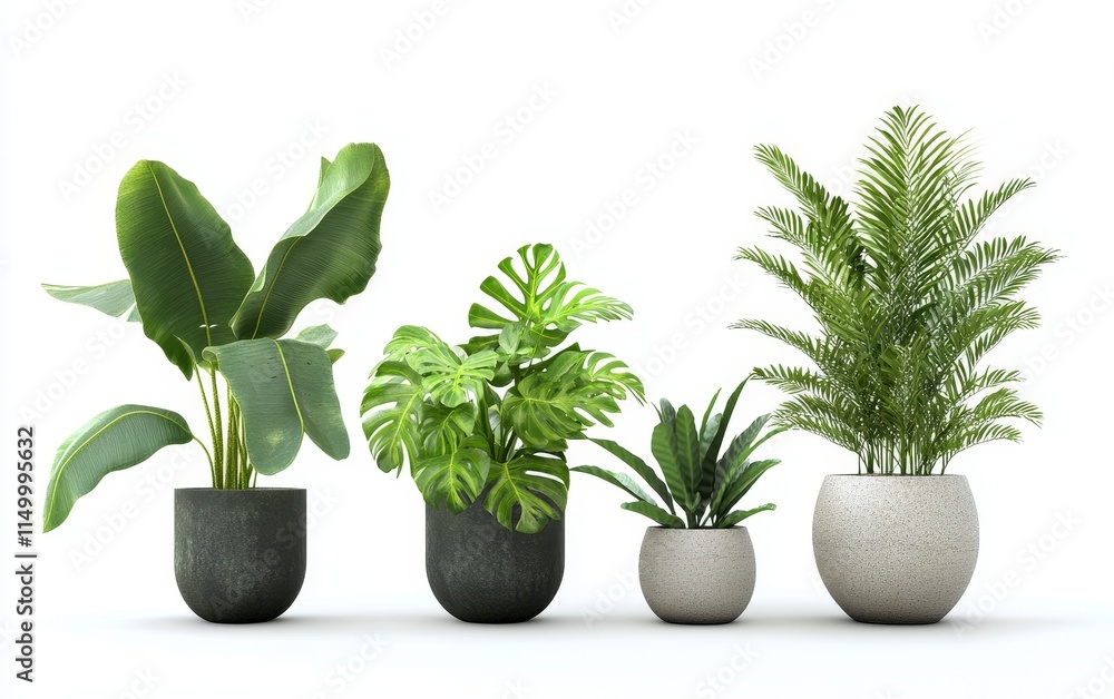 Four potted plants in modern planters on white background. Four potted plants in modern planters on white background.