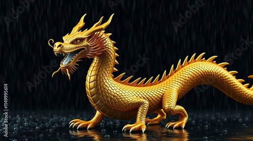 Majestic Golden Dragon in the Rain: A 3D Render of Mythical Creature