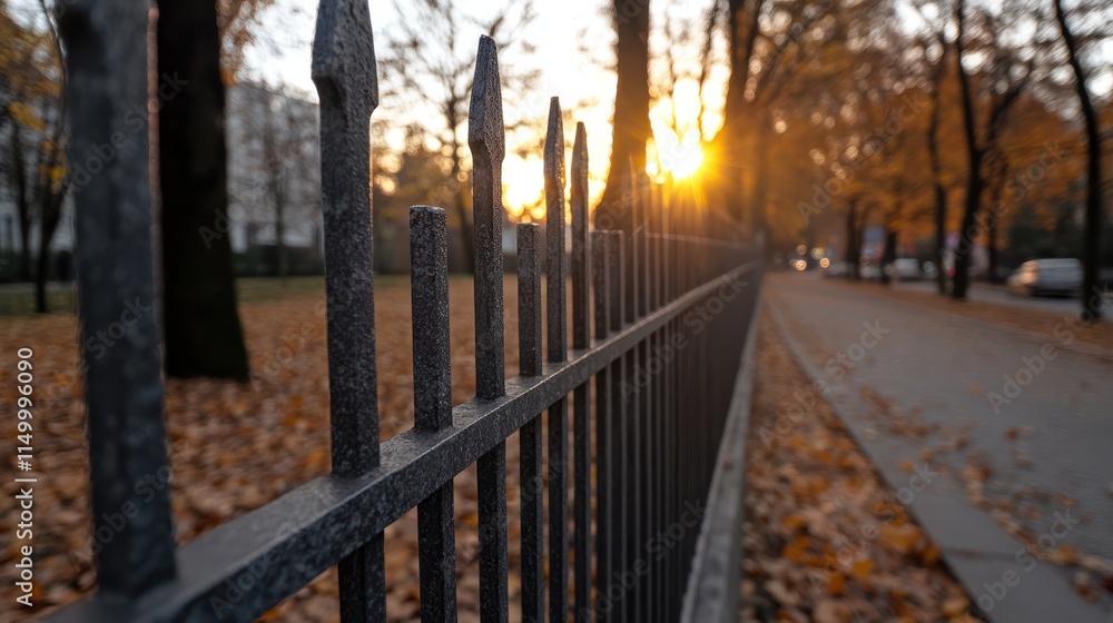 Silhouetted against a glowing sunset, a metal fence creates a dynamic pattern of light and shadow as autumn leaves carpet the ground. Silhouetted against a glowing sunset, a metal fence creates a dynamic pattern of light and shadow as autumn leaves carpet the ground.