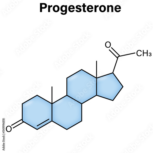 Structure of Progesterone Molecule, Detailed Chemical Formula Illustration, Science Vector on White Background