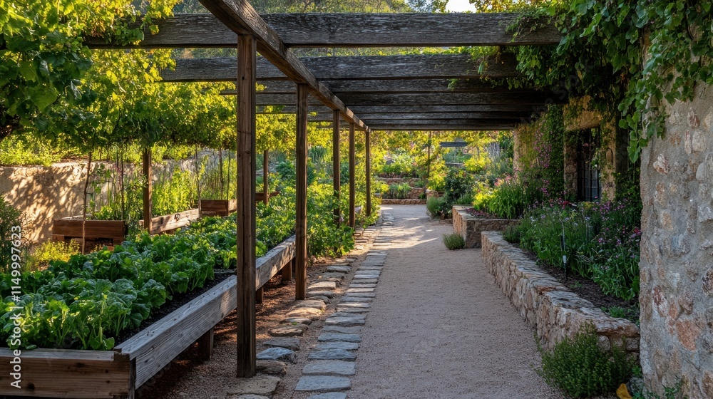 Sunlit garden path with raised beds and pergola. Sunlit garden path with raised beds and pergola.