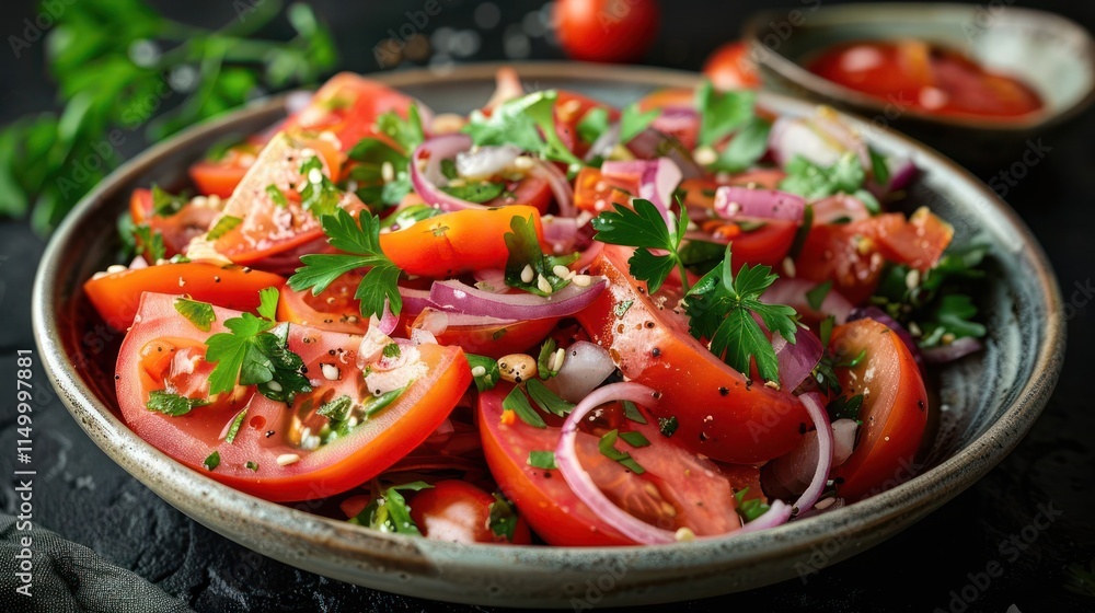 A vibrant salad featuring fresh tomatoes, onions, and herbs in a decorative bowl. A vibrant salad featuring fresh tomatoes, onions, and herbs in a decorative bowl.
