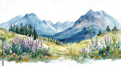Scenic mountain Scottish landscape watercolor illustration with vibrant wildflowers under a clear sky in the afternoon light